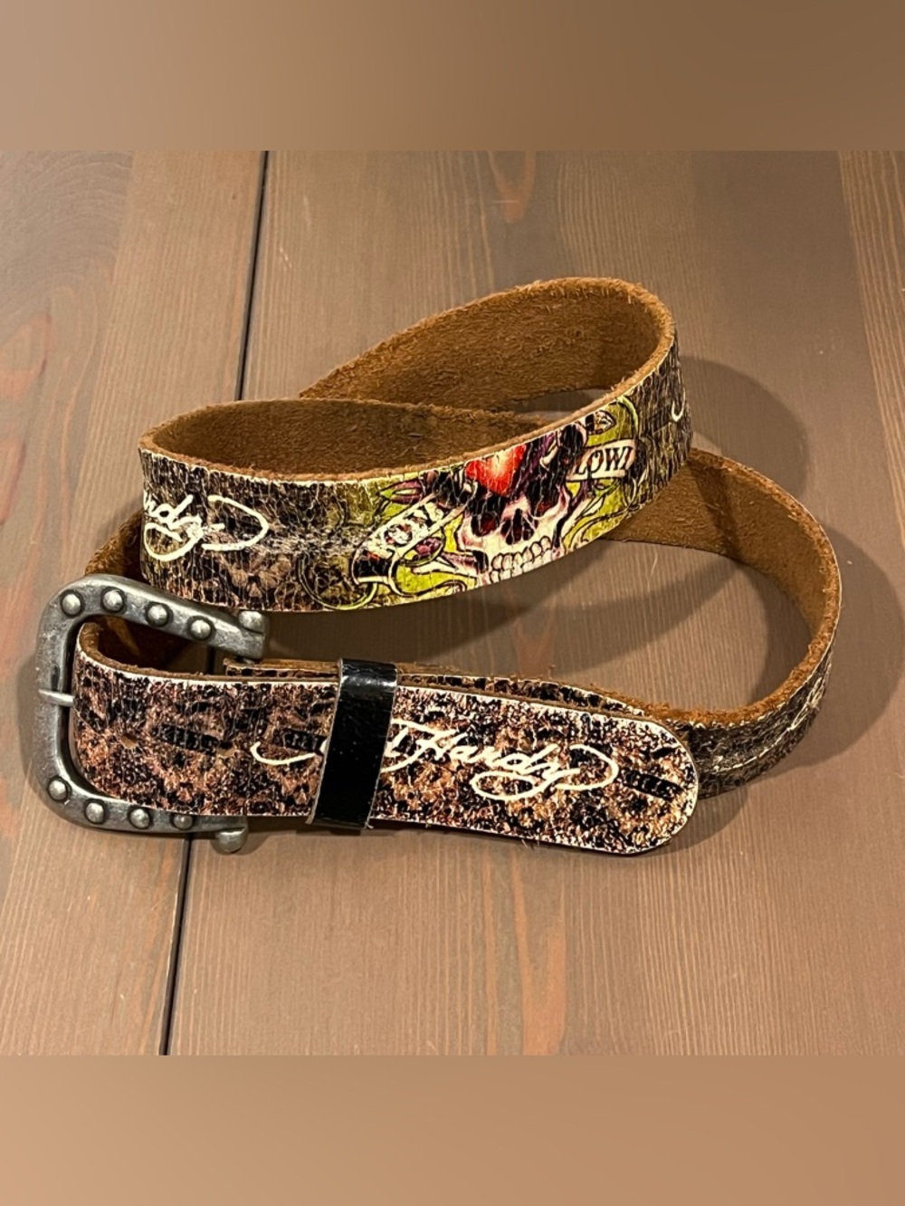 Don Ed Hardy Leather Belt 36/38 Skulls Tattoo Art Grunge Biker Streetwear Punk